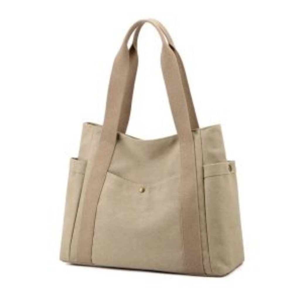 Beige jute tote bag with side pockets and wide brown handles