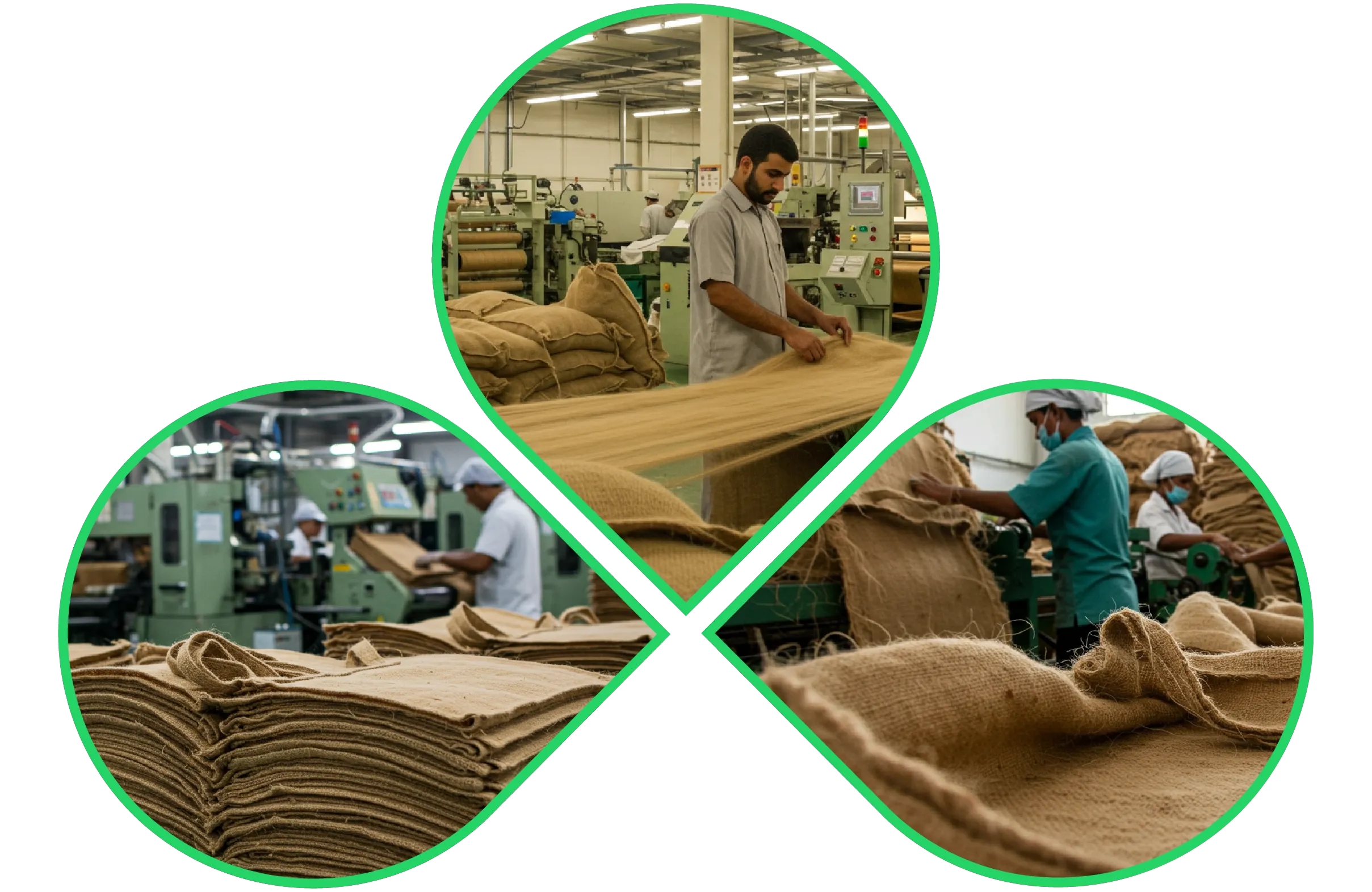 Jute fabric inspection and packaging process in a modern textile factory with workers handling finished jute sacks
