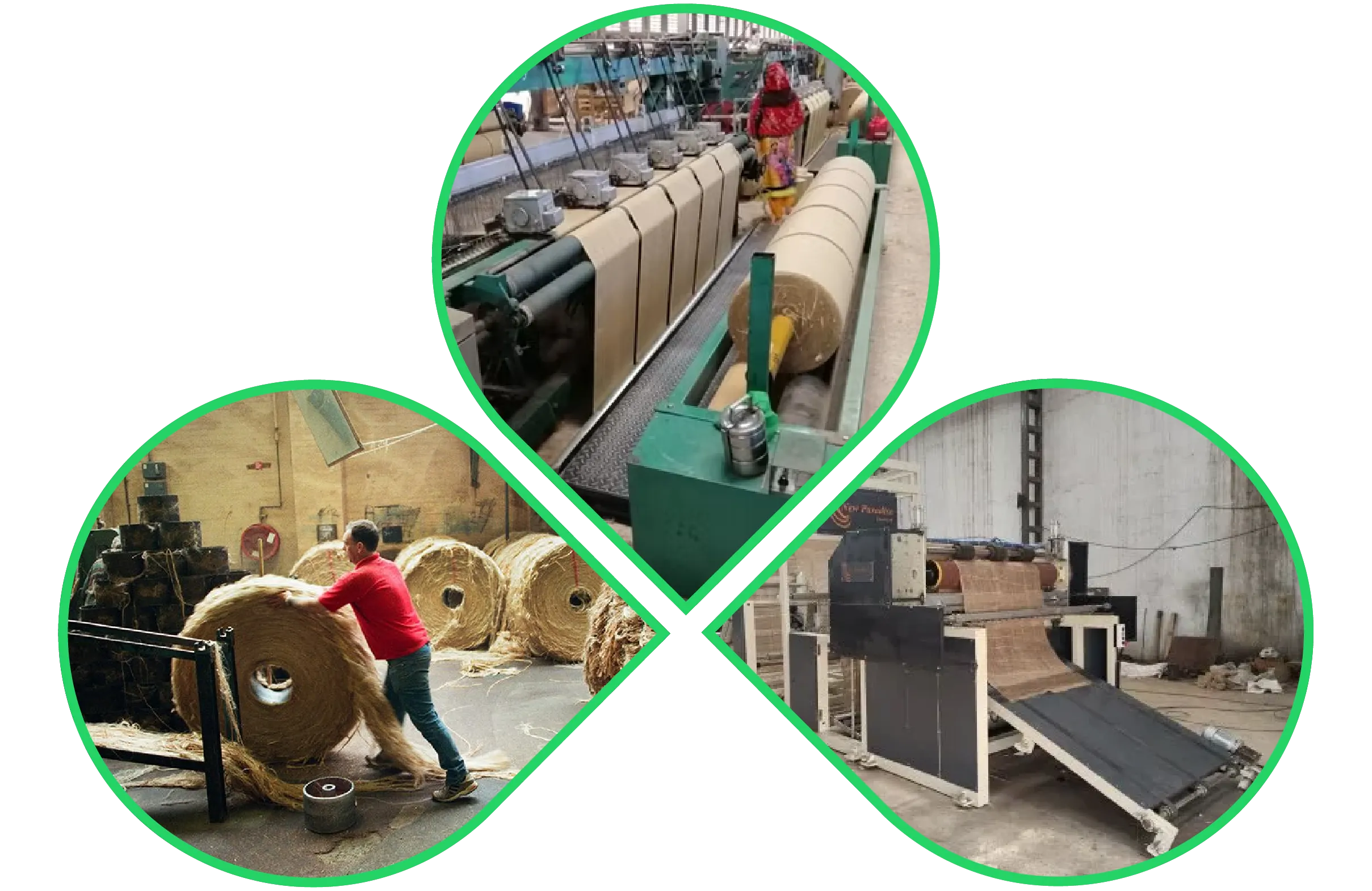 Automated jute fabric rolling, fiber handling, and cutting machinery in textile factory